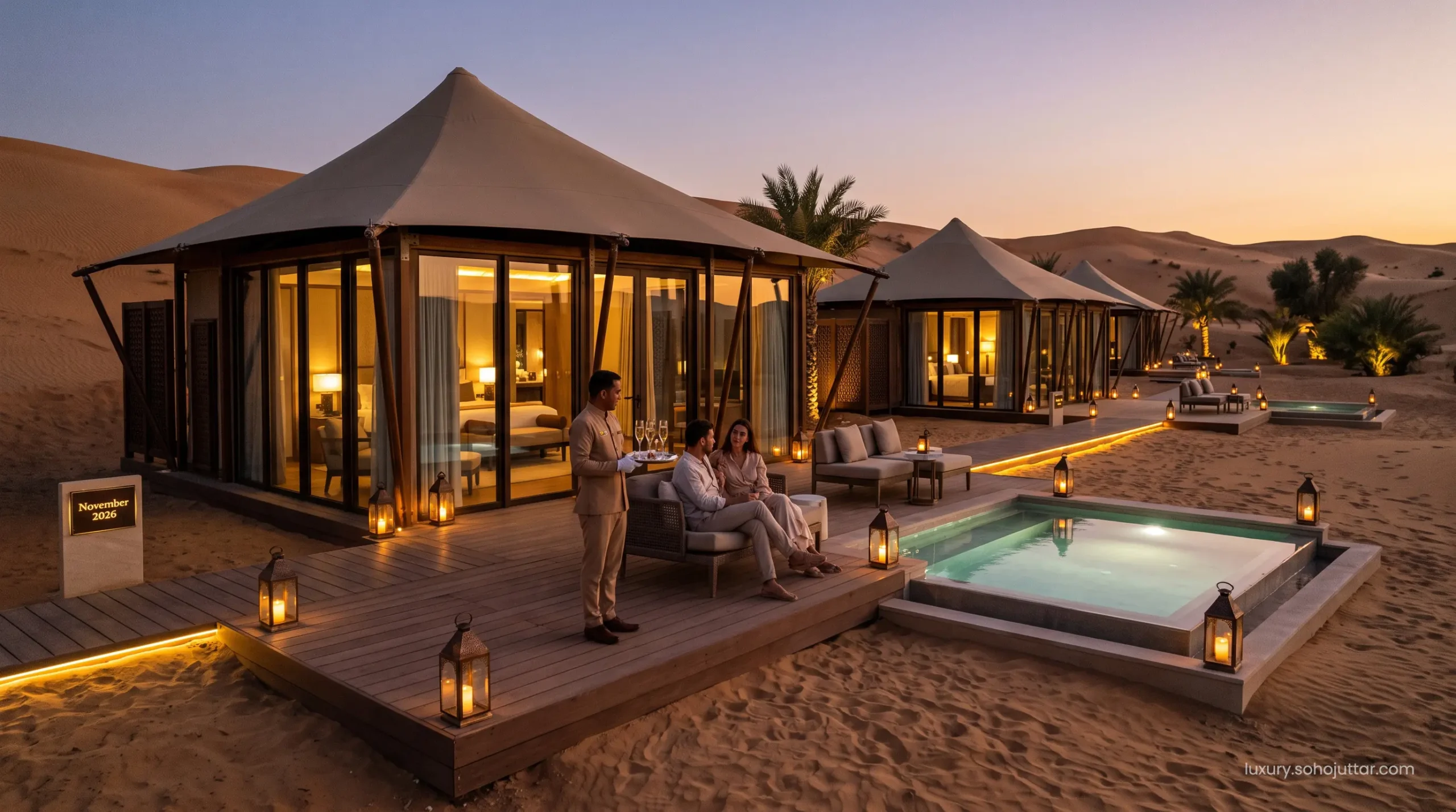 Ultra-luxury UAE desert glamping mansion with private plunge pool and VIP concierge service during November staycations.