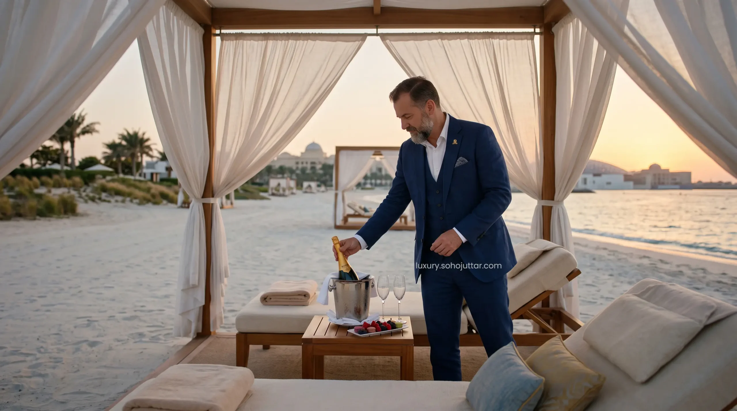 Elite UAE hotel concierge preparing an ultra-luxury private beachfront cabana at a Saadiyat Island resort.