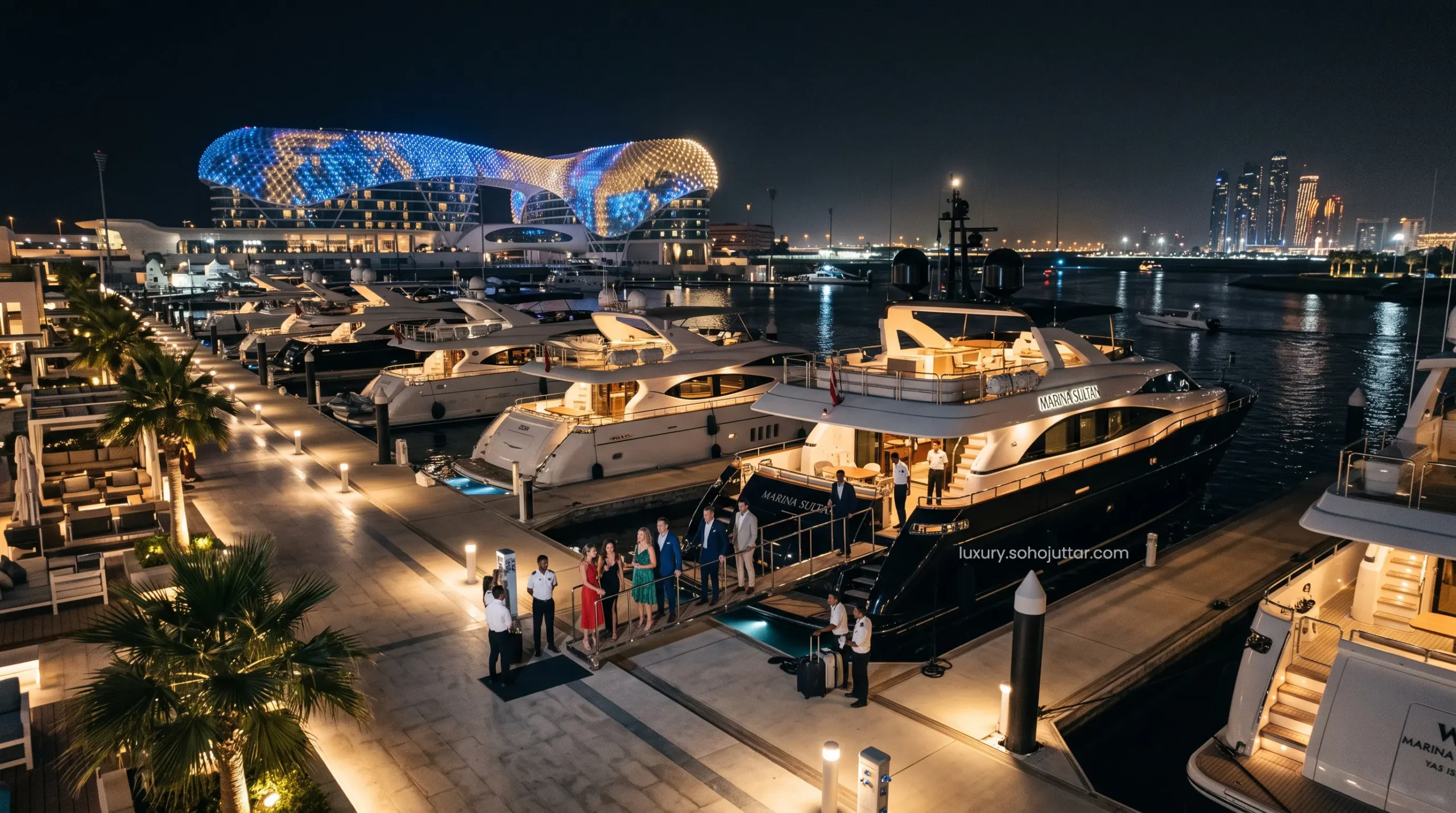 Ultra-luxury Abu Dhabi resort marina with superyachts for exclusive VIP evening charters.