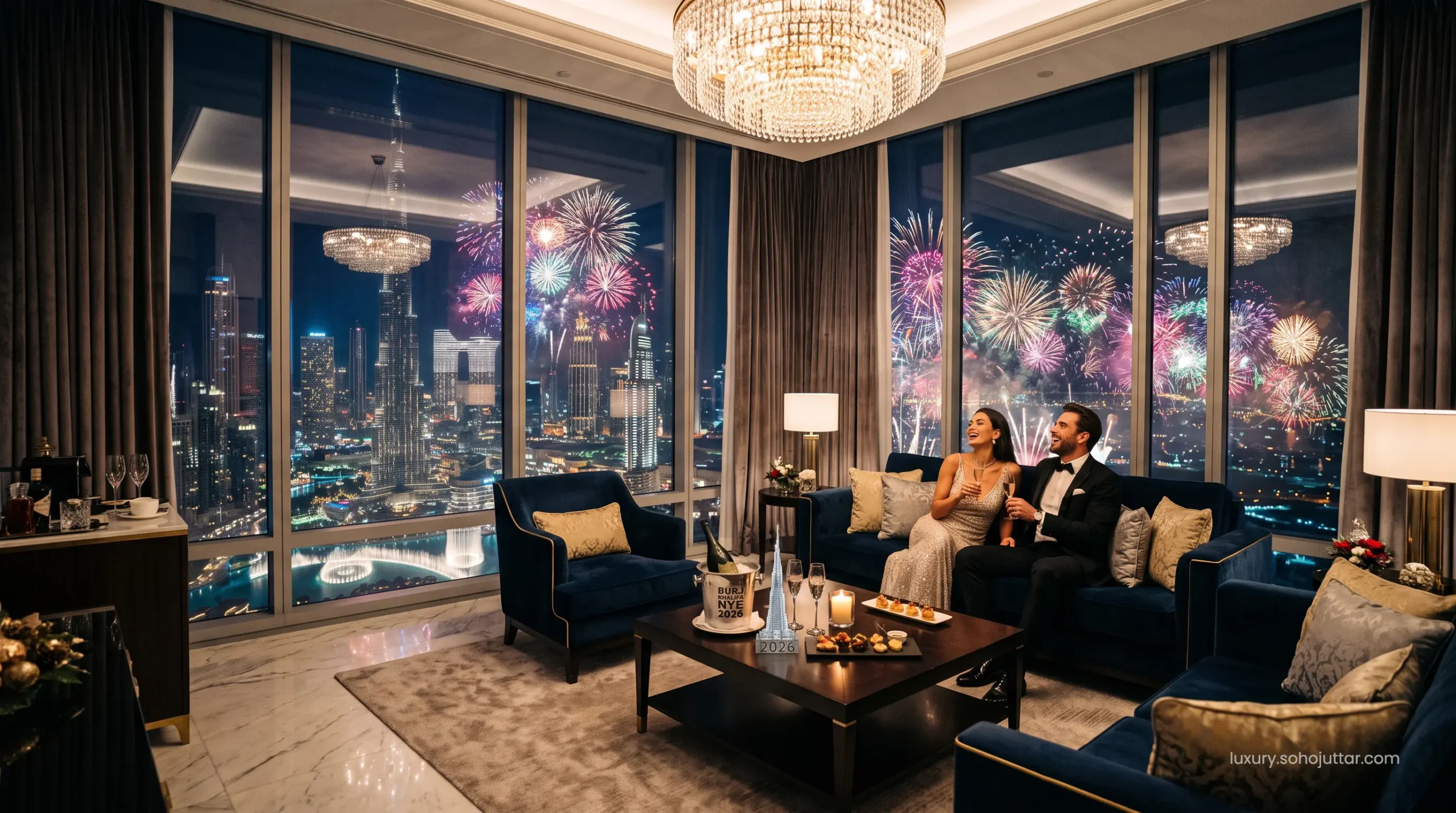 Premium Burj Khalifa New Year's Eve suite interior with opulent chandeliers for elite December VIP travel.