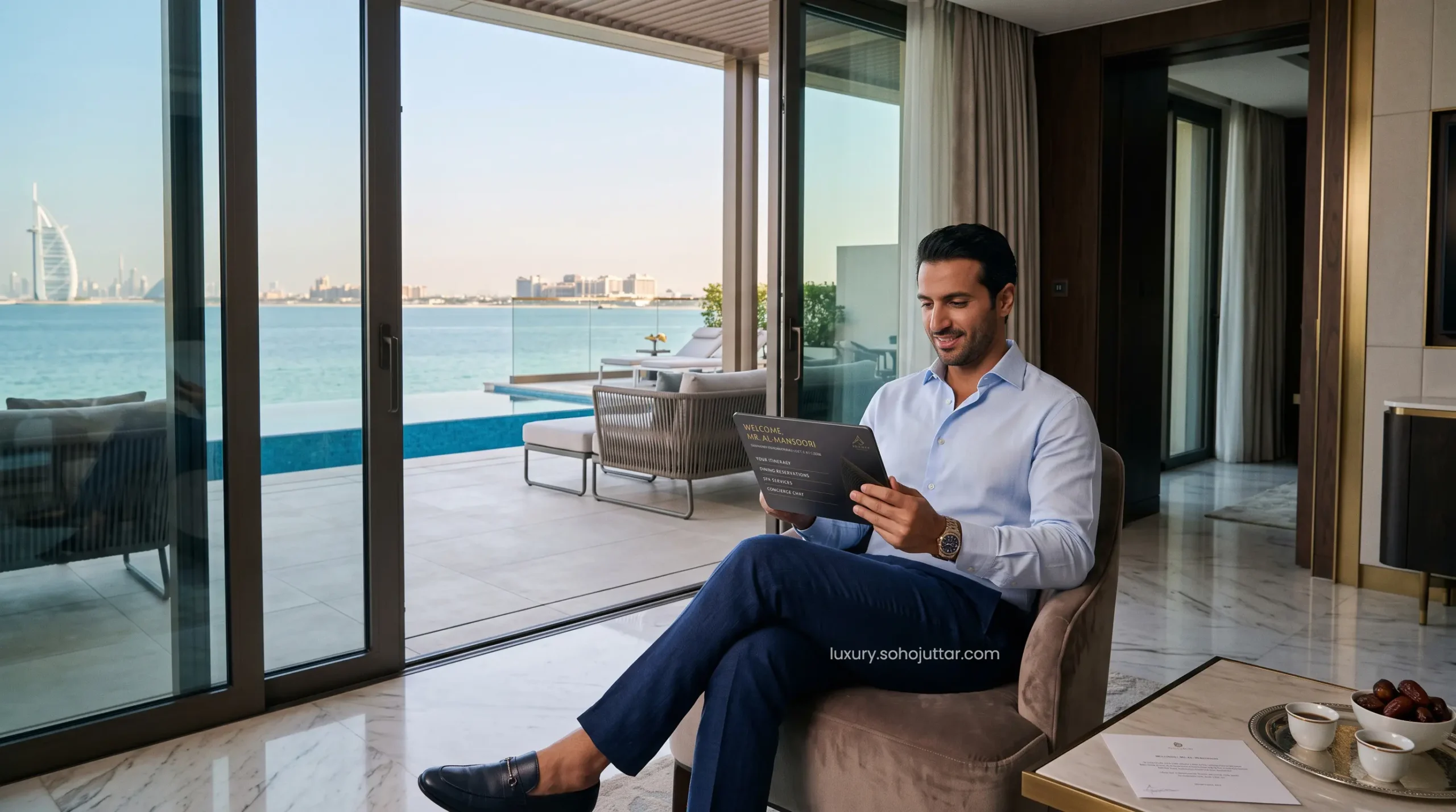 VIP traveler using a digital tablet to secure an exclusive upgrade in a Dubai 7-star beachfront resort suite.