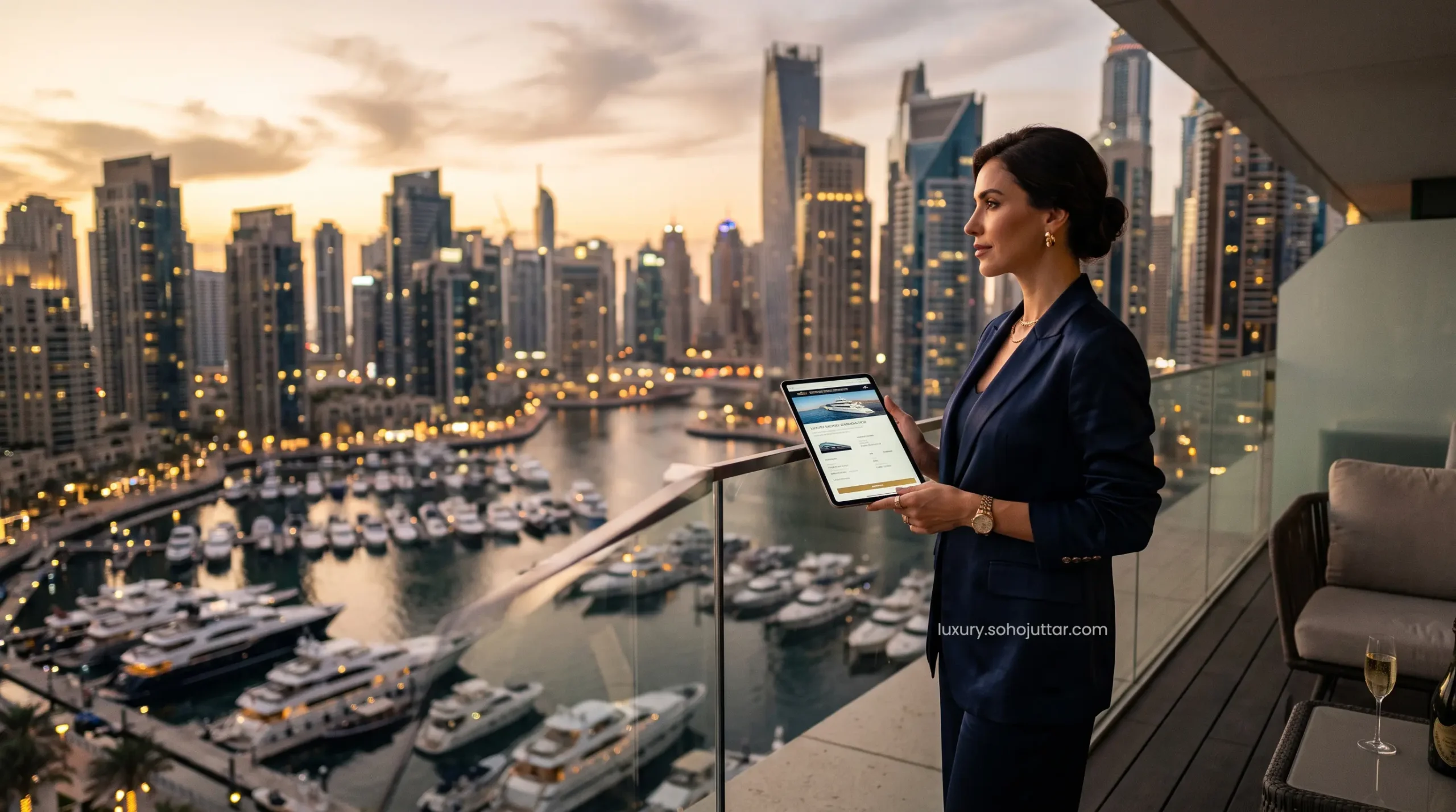 VIP traveler utilizing a digital tablet to manage an exclusive luxury yacht charter booking from a Dubai Marina suite.