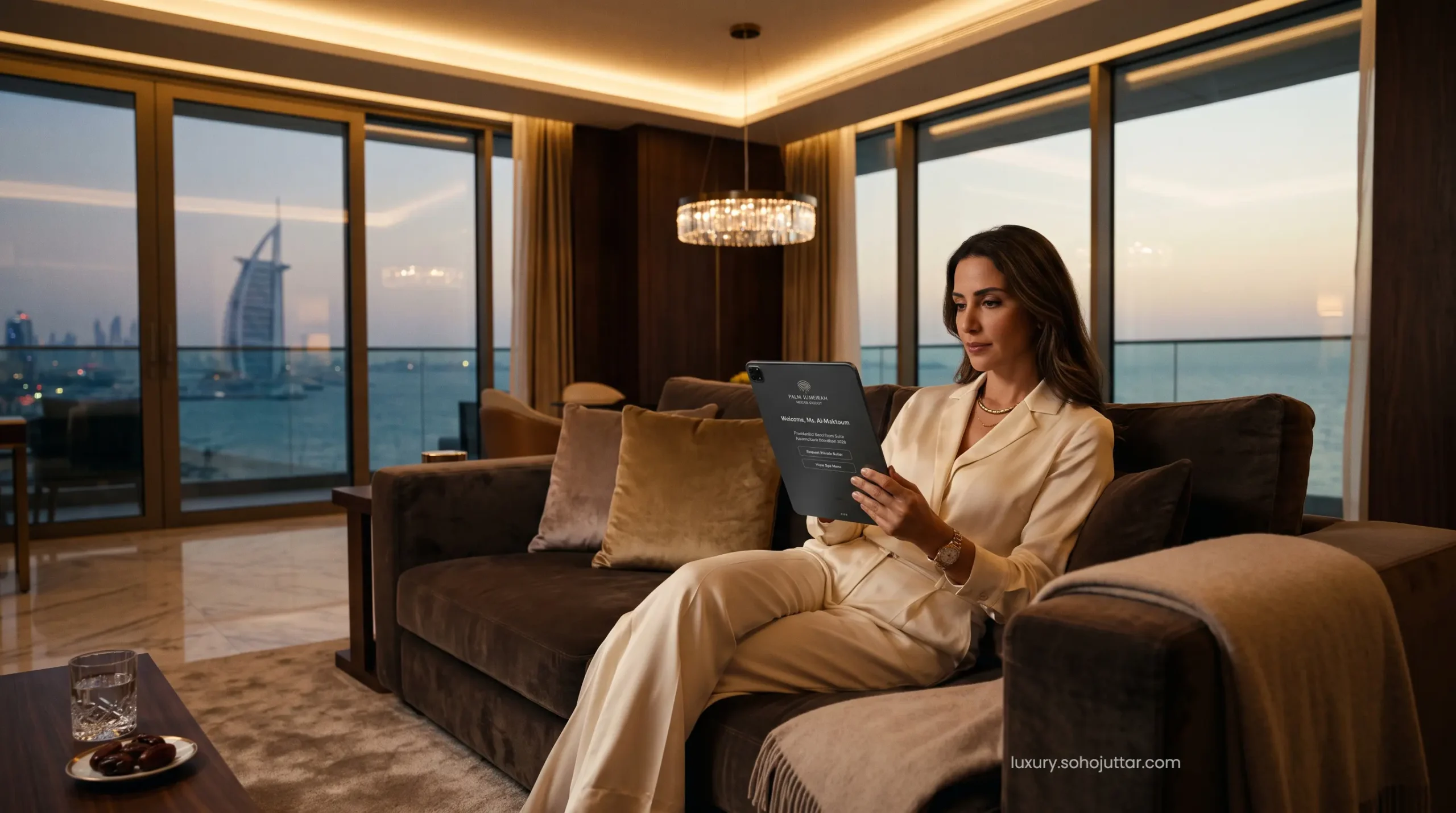 VIP traveler using a digital tablet to secure an exclusive UAE luxury resort booking in a beachfront Dubai suite.