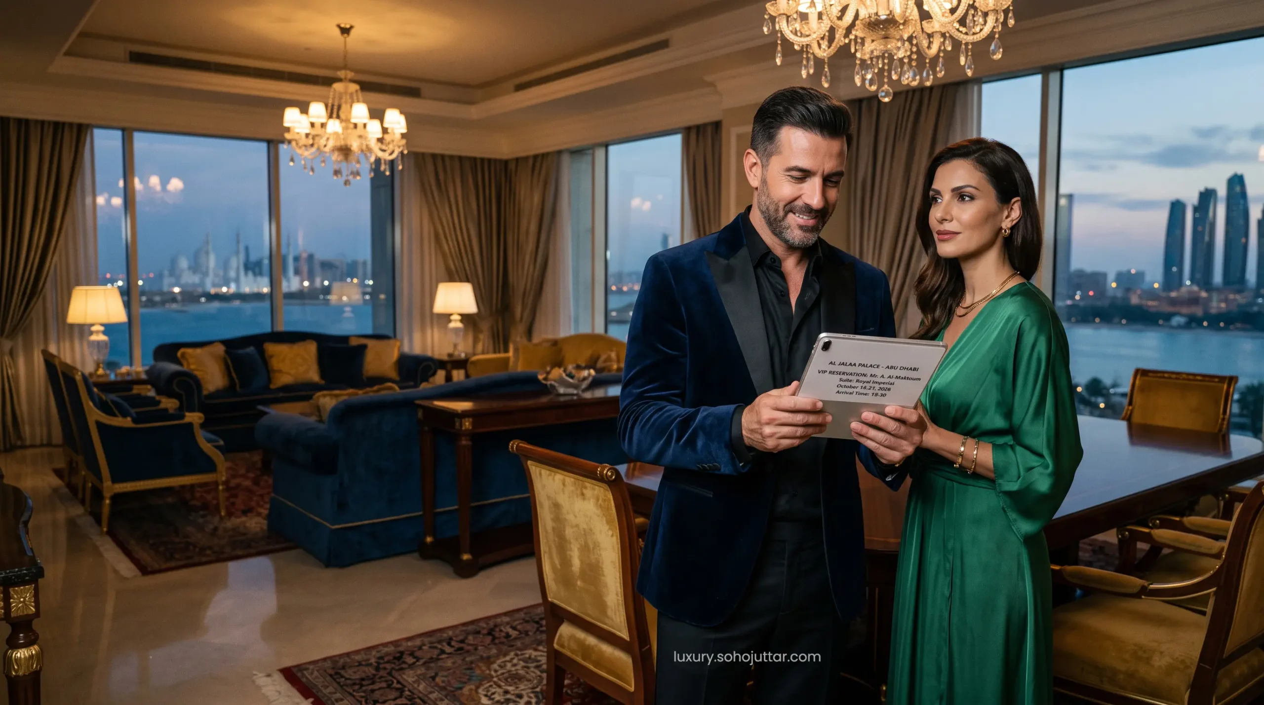 VIP traveler using a digital tablet to secure an exclusive upgrade in an Abu Dhabi 7-star resort suite.