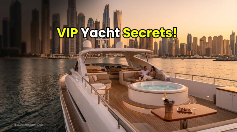 Ultra-luxury mega yacht cruising along the Dubai Marina skyline for October VIP private charters.