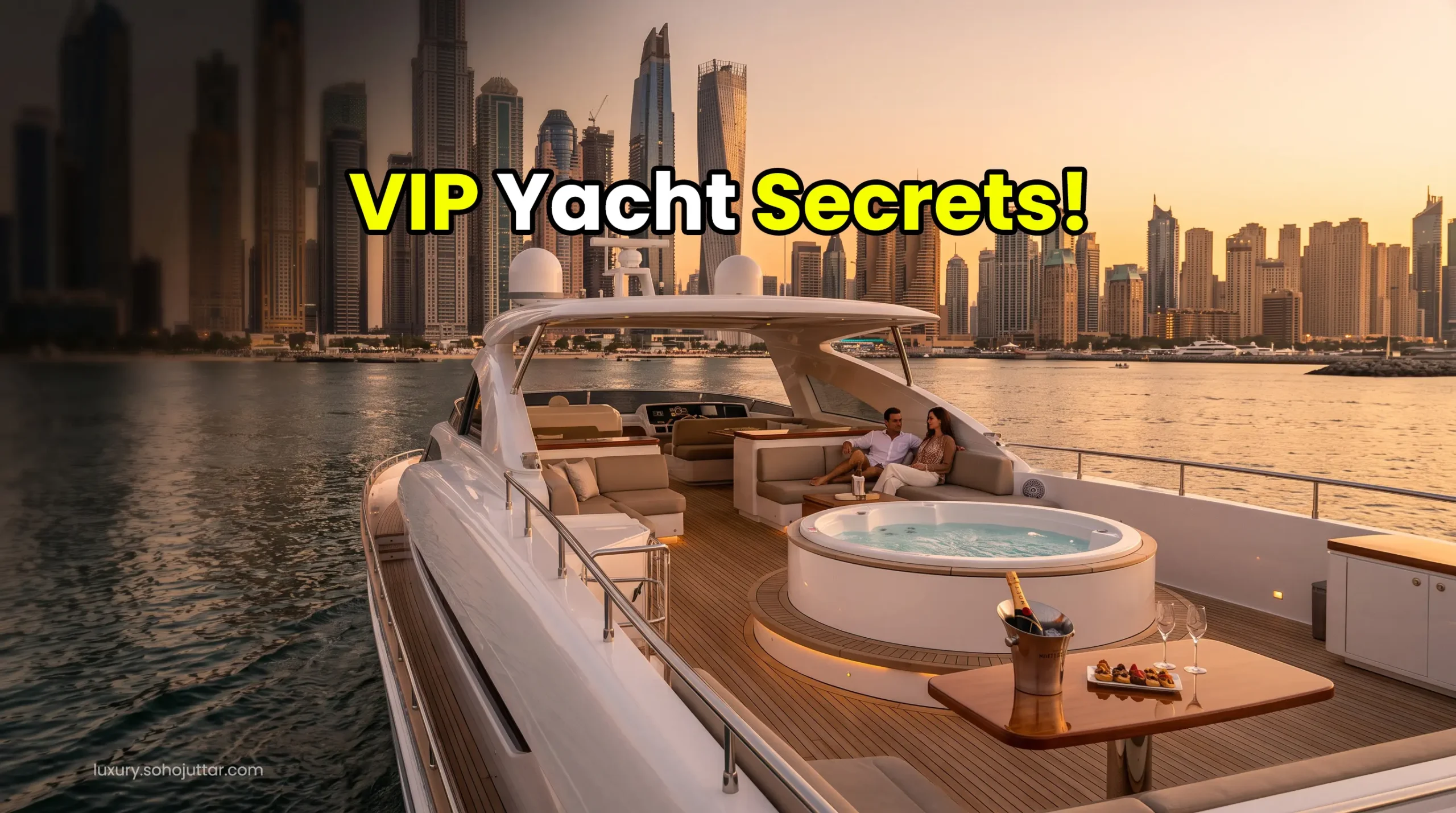 Ultra-luxury mega yacht cruising along the Dubai Marina skyline for October VIP private charters.