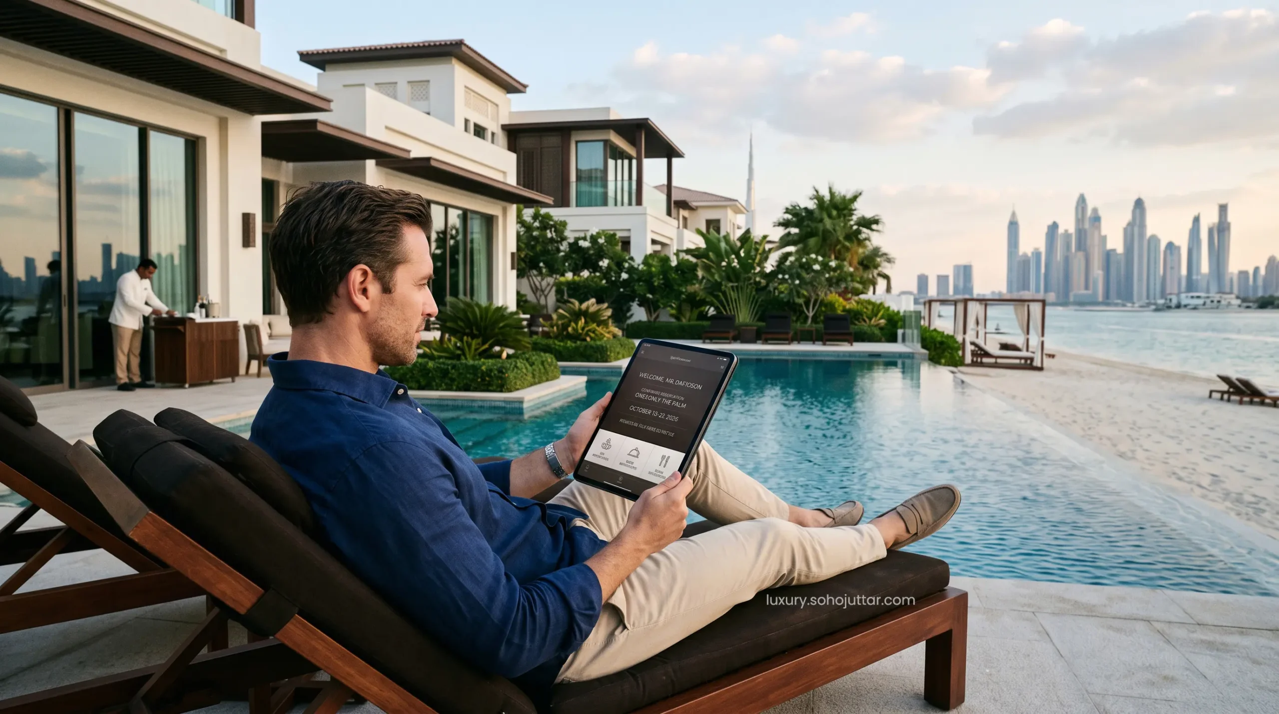 VIP traveler using a digital tablet beside a luxury Palm Jumeirah beachfront private pool villa.