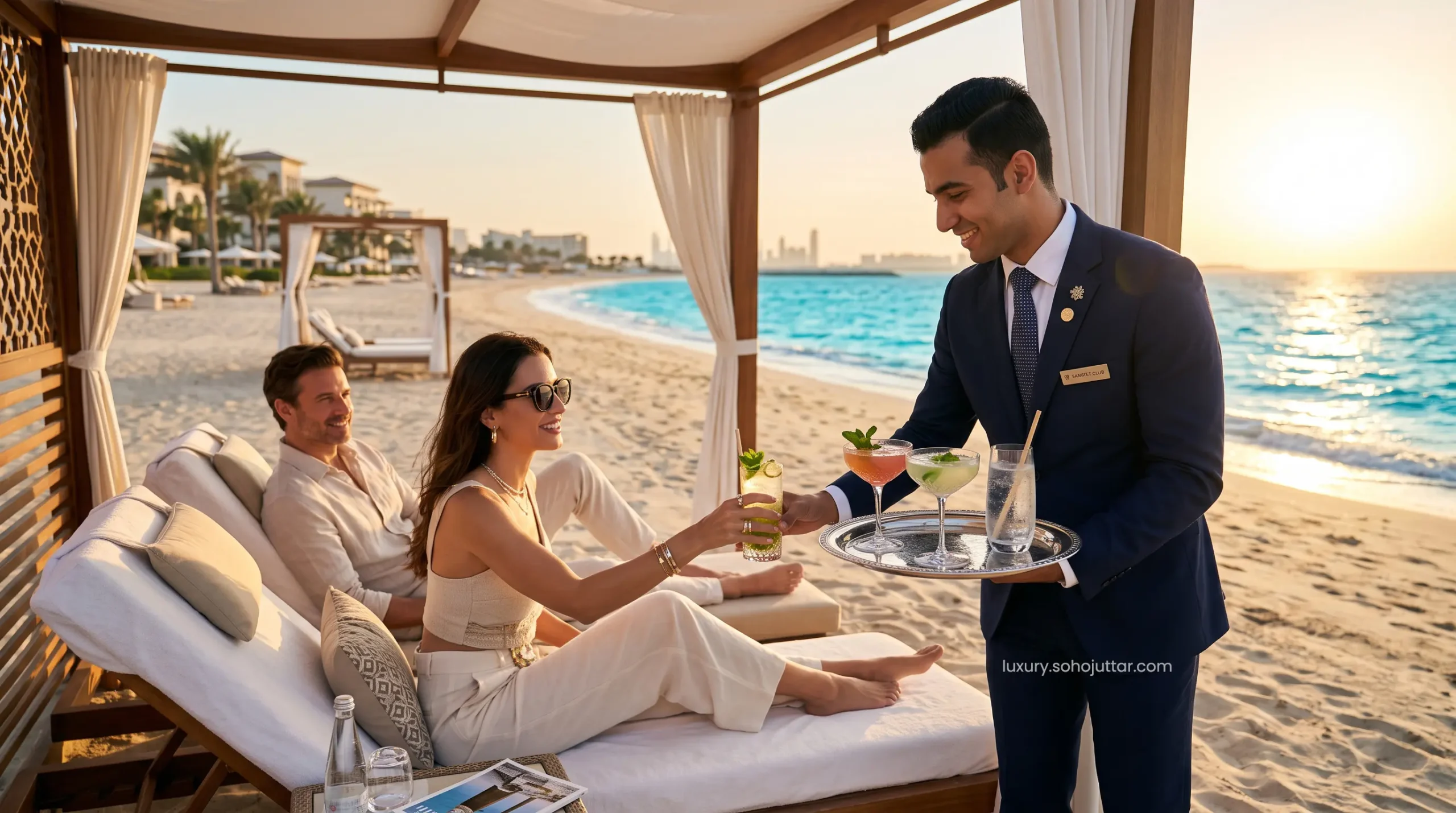 Elite UAE hotel concierge serving premium refreshments to VIP guests at a Saadiyat Island private beach club.
