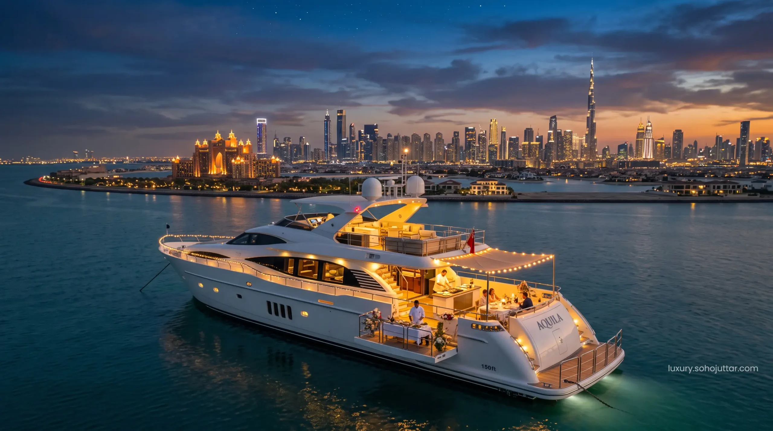 Illuminated luxury charter yacht anchored off Palm Jumeirah during an exclusive evening cruise in October.