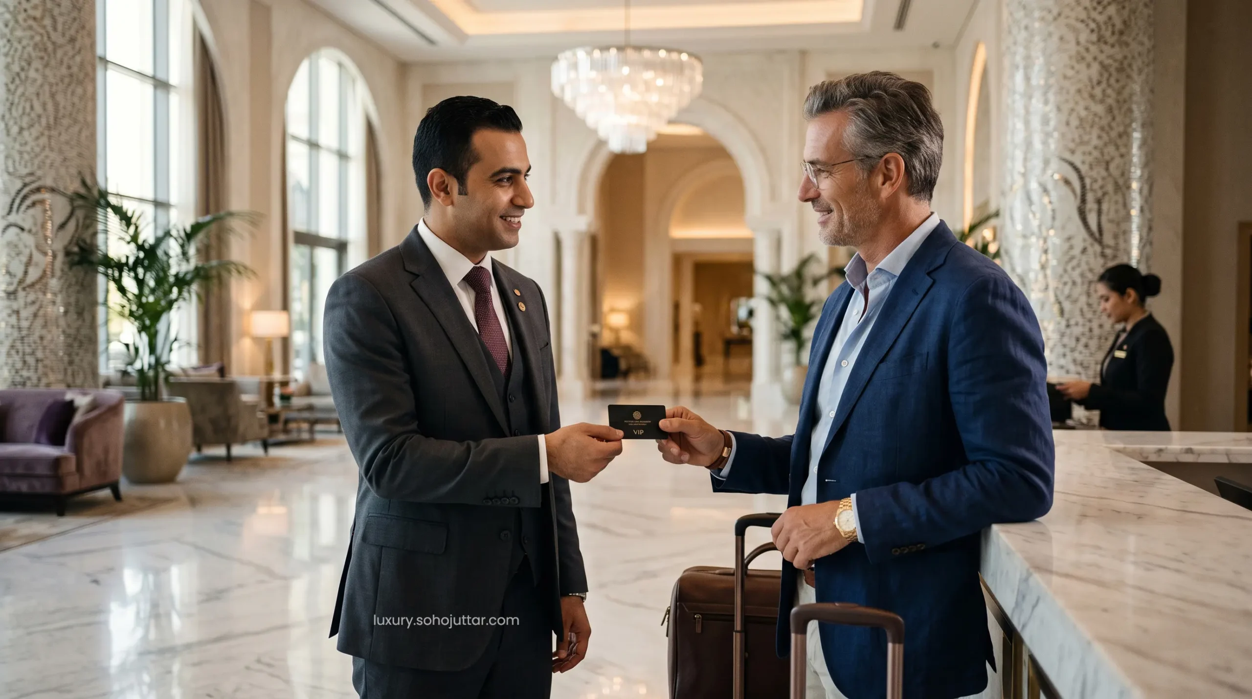 Elite UAE hotel concierge handing a VIP room key to a luxury traveler for a premium suite upgrade.
