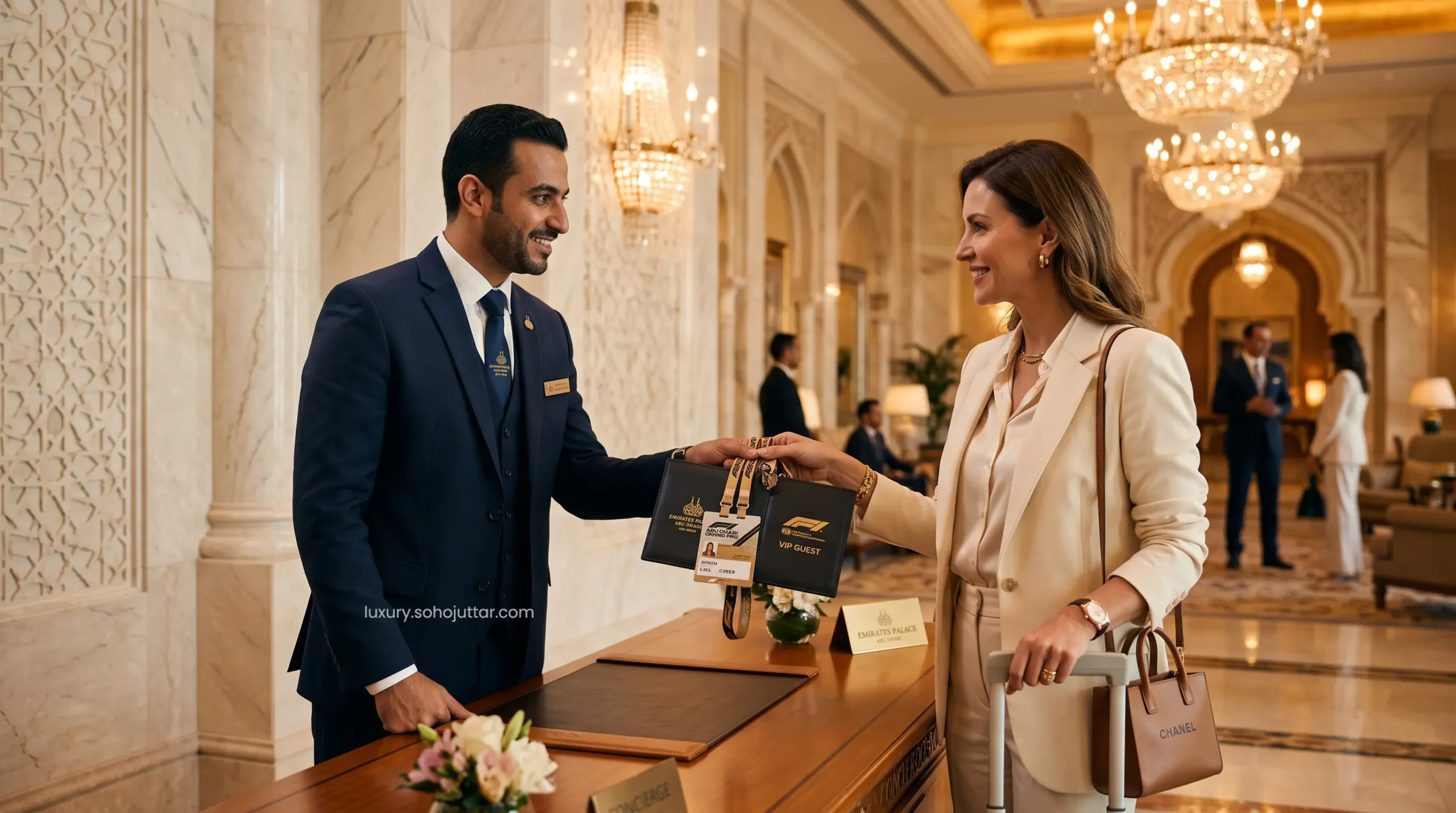Elite hotel concierge presenting VIP Paddock Club passes and hospitality credentials to a luxury traveler in Abu Dhabi.