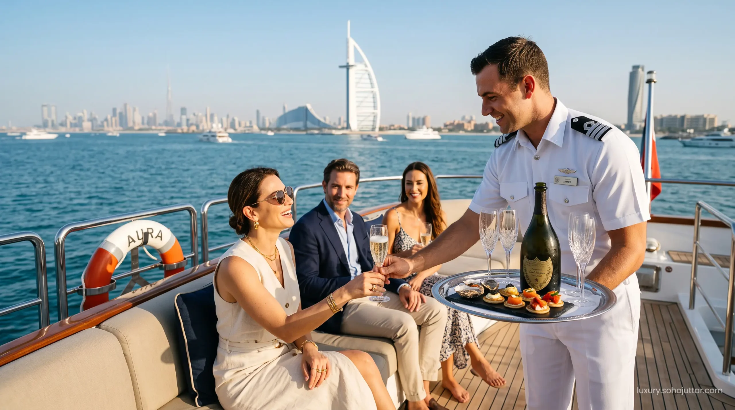 Elite maritime concierge serving premium champagne on the sun deck of a luxury yacht charter in Dubai.