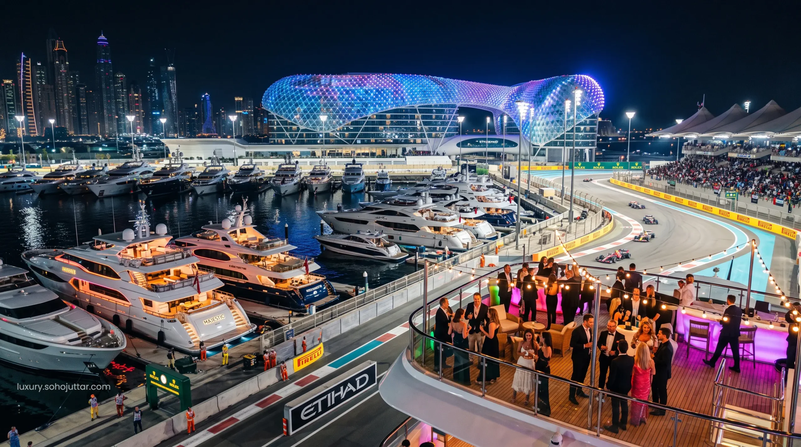 Tri-deck superyachts moored trackside in Yas Marina during the night race of the Abu Dhabi Grand Prix.